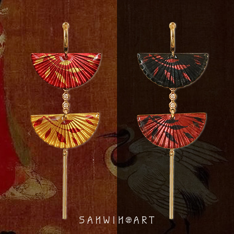 山印集手绘【叠扇&middot;庆】中式复古红金耳钉耳夹气质结婚送礼耳饰品