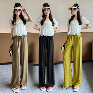 RM12904#高级褶皱冰丝凉凉阔腿空气茶杯裤女夏宽松垂感拖地防晒直筒休闲裤