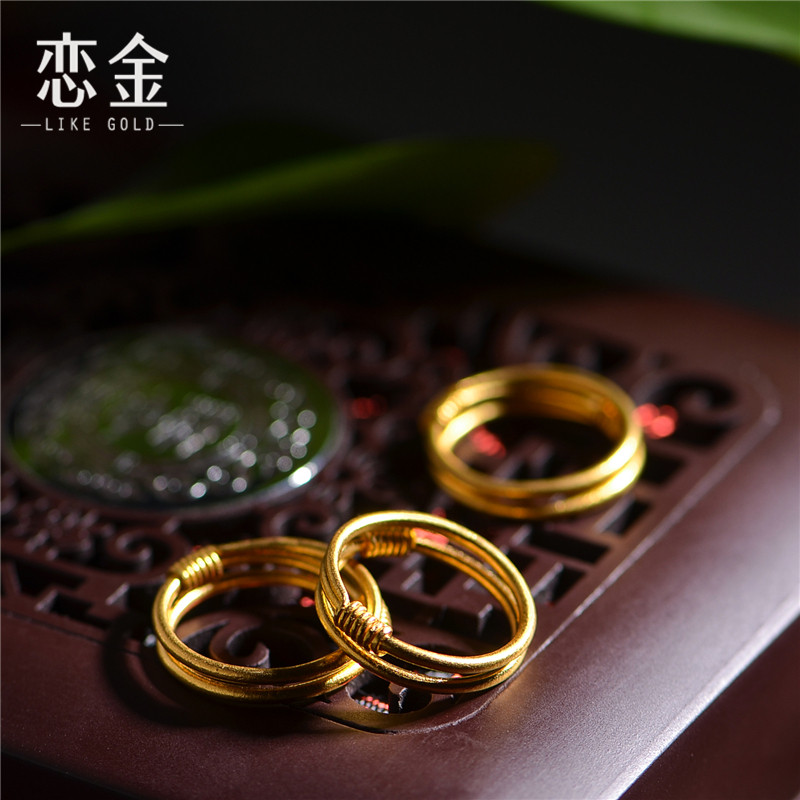 手工錾刻实心指环足金