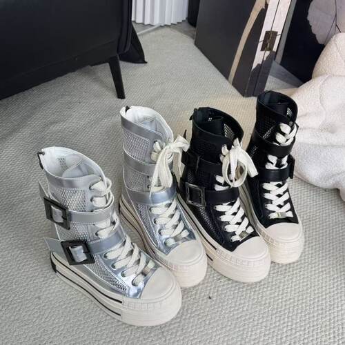 新型品厚底12CM马丁靴女2025新款网纱透气网面薄款凉靴中筒女靴