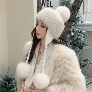 新款可爱狐狸毛球球皮草帽子冬季户外保暖女士水貂毛编织大护耳帽