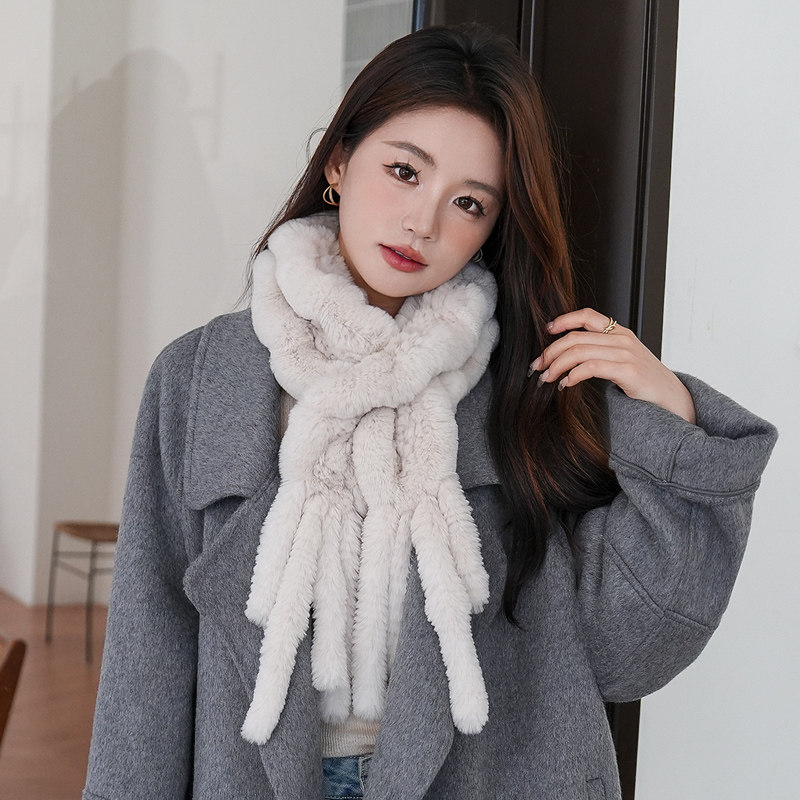 新款韩版优雅女士冬季獭兔毛双面编织皮草围巾荷叶边流苏真毛围脖
