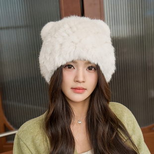新款可爱小熊真毛猫耳朵兔毛帽女冬季加厚编织休闲保暖皮草帽子