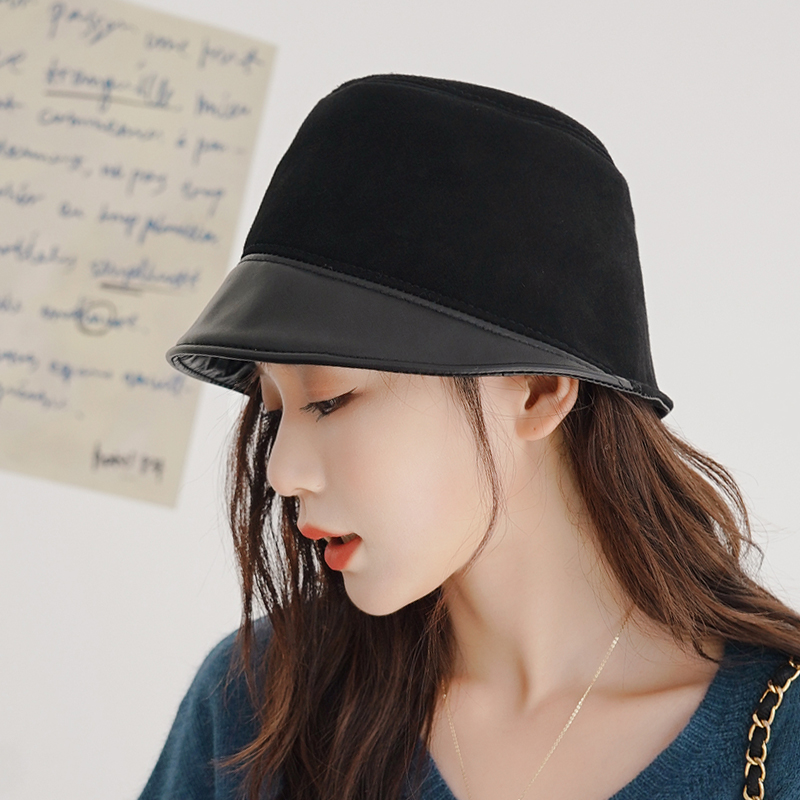 秋冬季柔软绵羊皮帽子真皮反绒渔夫帽女士百搭显脸小遮阳素颜盆帽