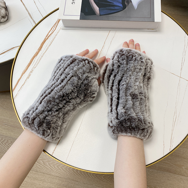 獭兔毛皮草女士可爱露指弹力手套