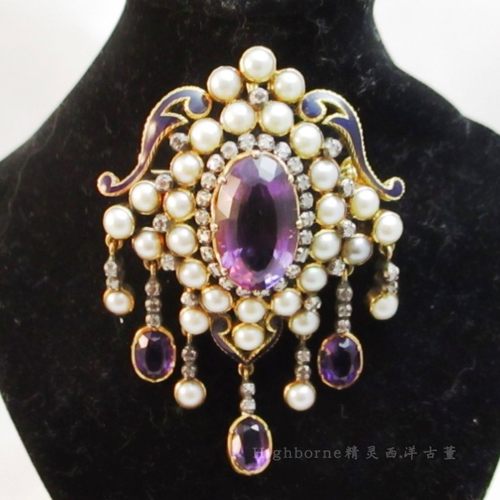 【维多利亚C.1860S】古董19K金珐琅天然珍珠紫晶钻石胸针贵族吊坠
