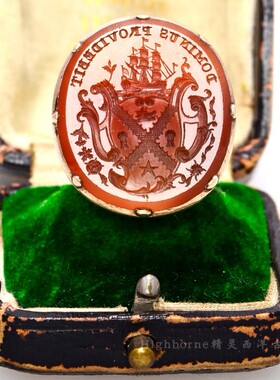 【乔治时期C.1830S】罕见古董硬石凹錾帆船密封18K纯金大印章戒指