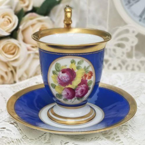 SOLDRosenthal手绘花卉镀金古董帝国咖啡茶杯茶碟1910年Kreutzer