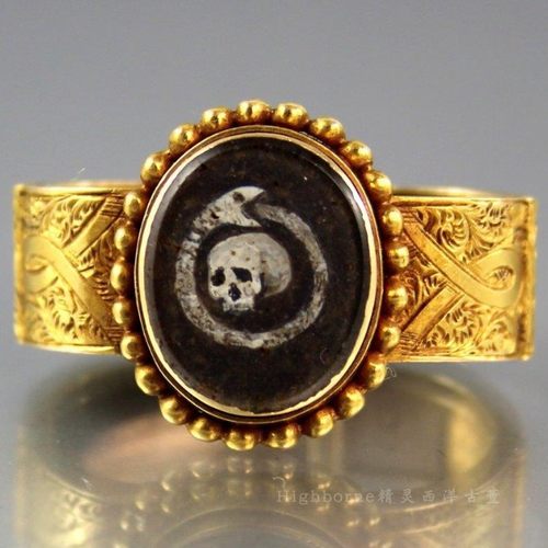 SOLD【重生】乔治时期古董18K金手绘神秘衔尾蛇骷髅丝巾扣领结环