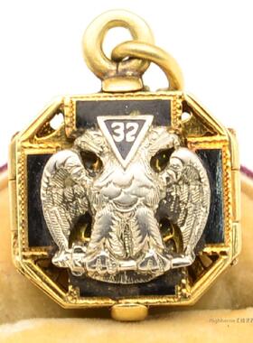 (C.1920S）神秘组织-共济会14K金多屏徽记 32学位双头鹰古董吊坠