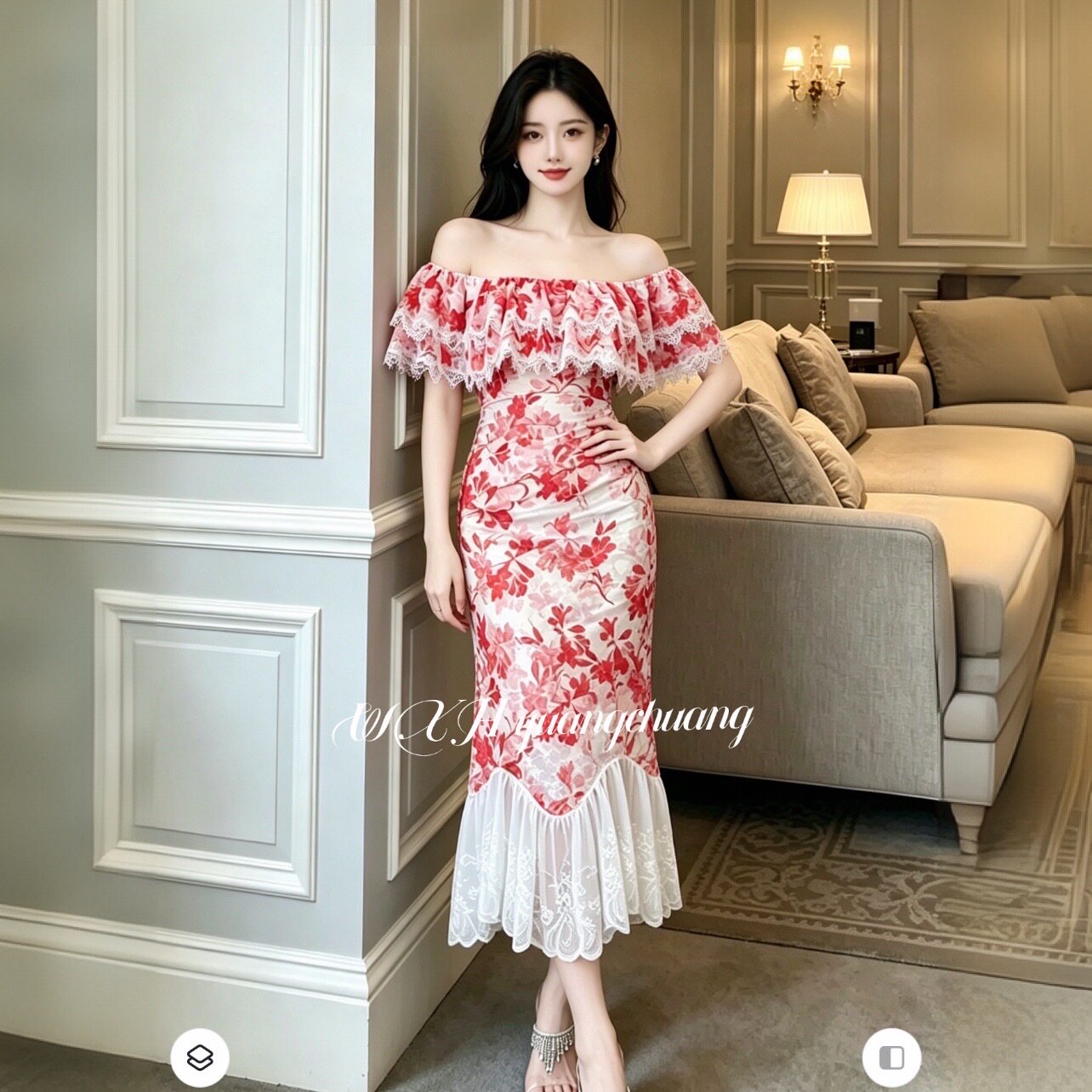 2026夏季新款法式性感一字领荷叶边修身包臀鱼尾连衣裙女碎花长裙