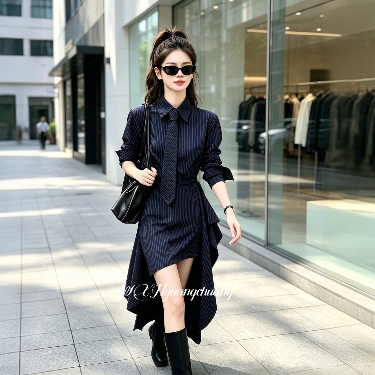 法式高智感长袖条纹领带衬衫连衣裙女早秋气质穿搭不规则短裙套装