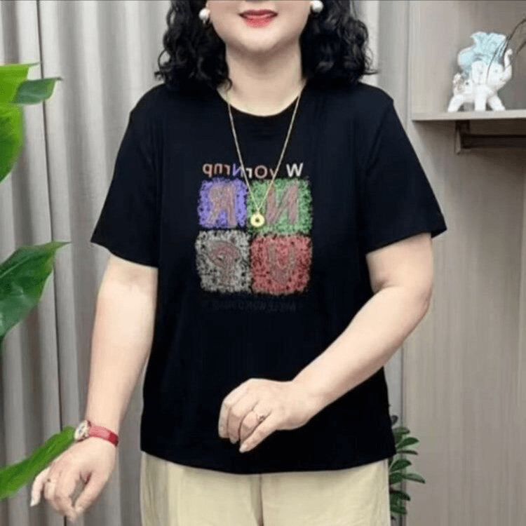 时尚妈妈装印花字母圆领短袖T恤夏装新款半袖小衫洋气中老年上衣