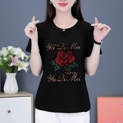 夏季新款时尚减龄百搭短袖t恤女显瘦休闲圆领洋气通勤小衫遮肚子
