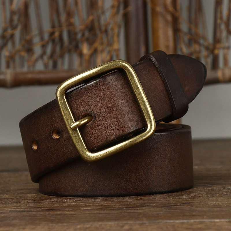 加厚头层牛皮手工皮带男真皮年轻人纯铜扣方形针扣复古牛仔裤腰带