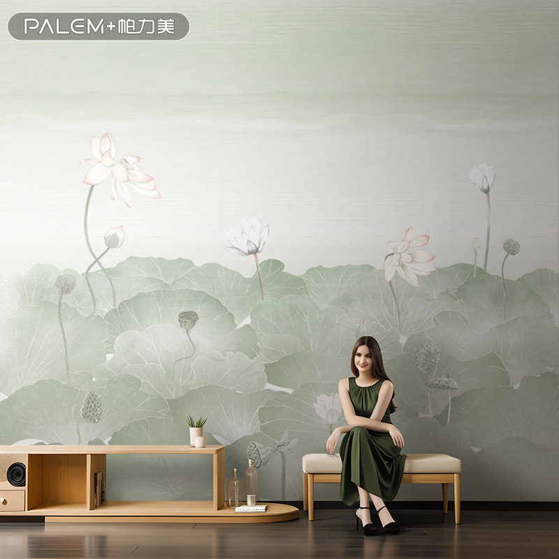帕力美新中式手绘荷花油画艺术客厅电视背景墙壁纸无缝定制壁画布