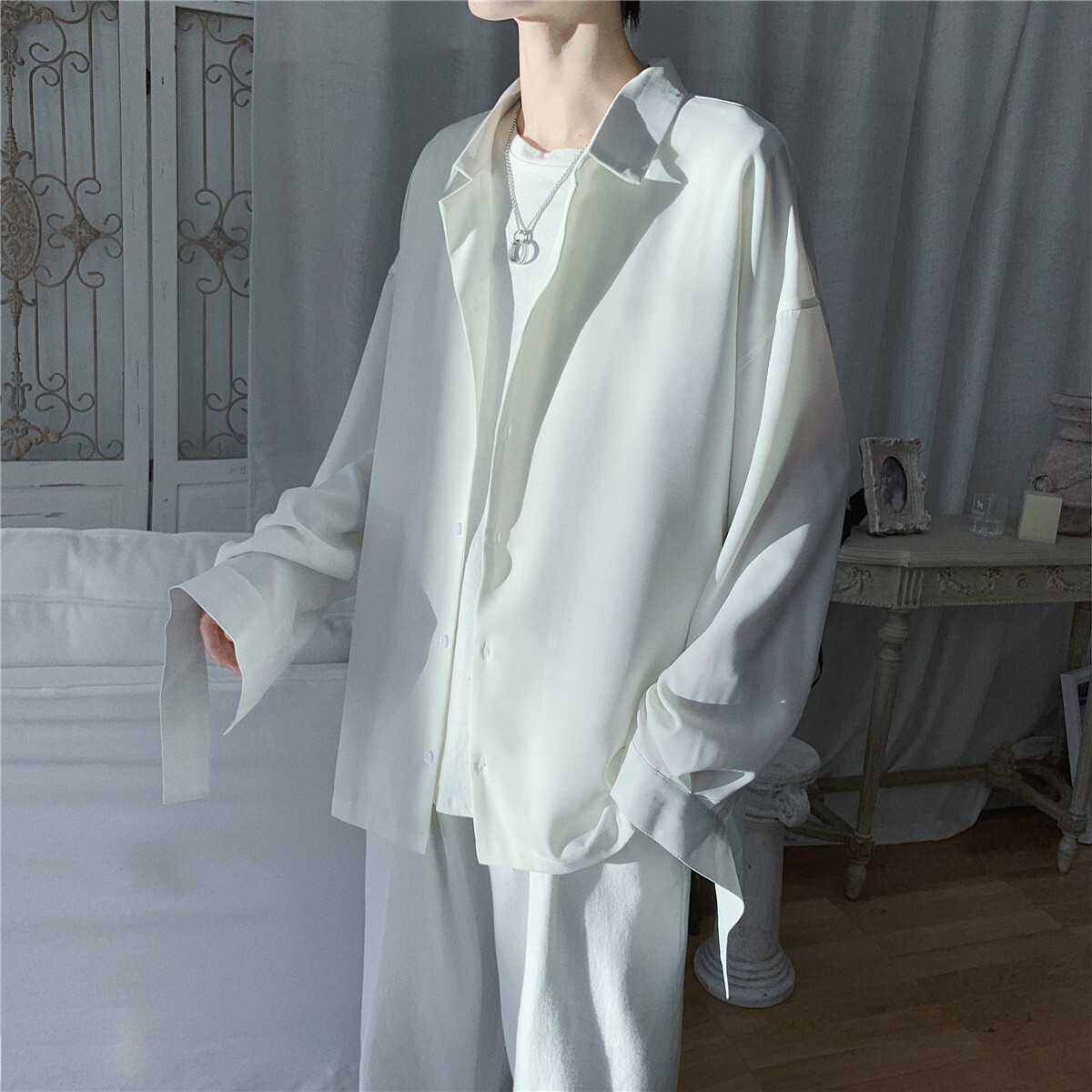 很仙的衬衫男痞帅男装禁欲系休闲上衣服韩版潮流日系纯色长袖衬衣