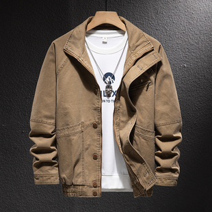 高端纯棉休闲外套男宽松黄石立领夹克秋冬新款深灰色通勤拉链伽克