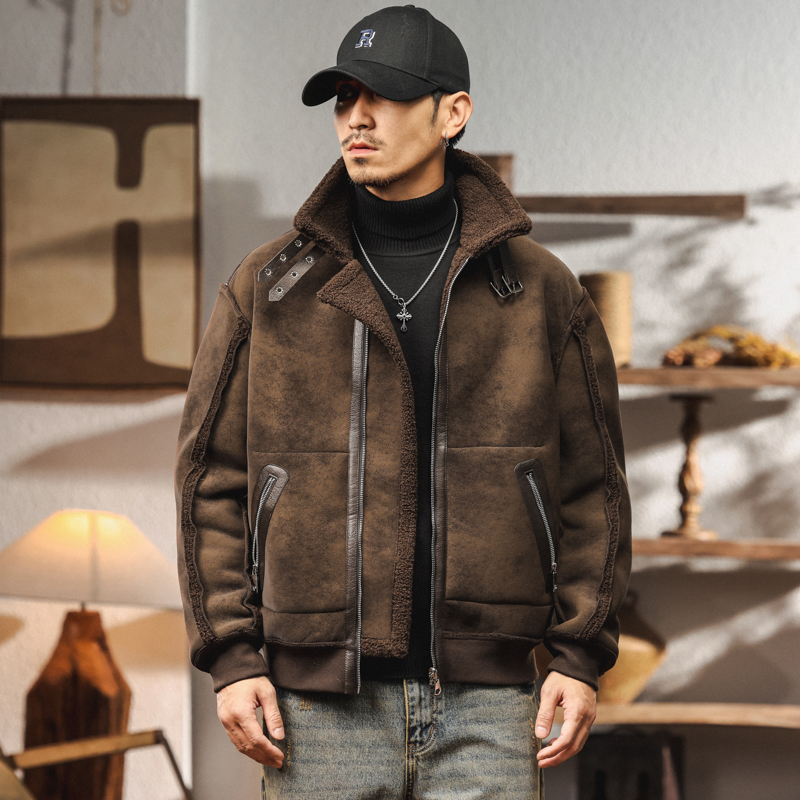 冬季宽松麂皮绒外套男