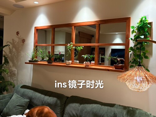 中古风家用客厅沙发背景墙装饰镜咖啡餐厅墙面装饰假窗实木格子镜
