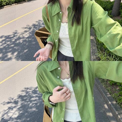 青草绿色薄款防晒开衫外套女2026春秋新款宽松百搭翻领长袖衬衣