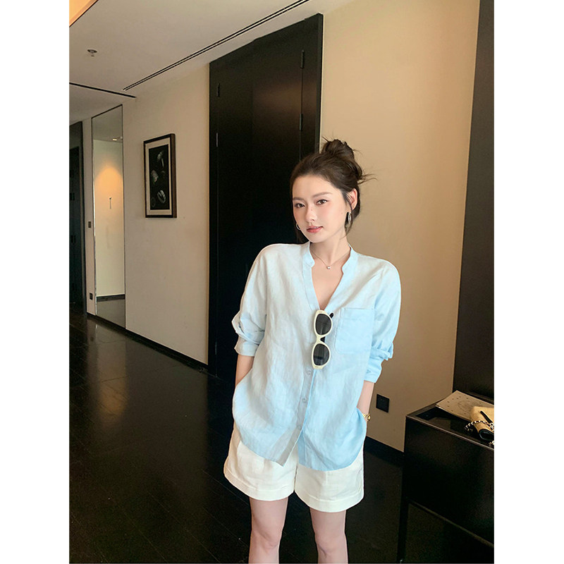 2026年新款设计感贵感老钱V领衬衫女慵懒随性宽松休闲中袖衬衣