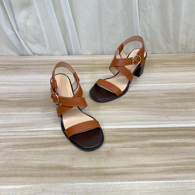 外贸原单女鞋新款圆头粗跟高跟简约休闲时尚百搭日常后空舒适凉鞋