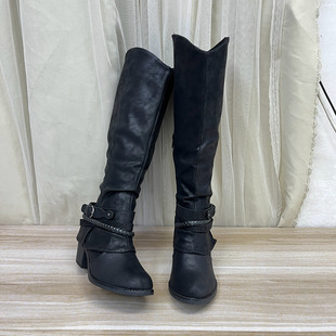 内里夹棉圆头纯色粗跟皮带扣长靴 时尚 Lady Shoes外贸原单女靴新款