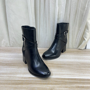 侧拉链舒适百搭 新款 Lady Shoes外贸原单粗跟皮带扣短靴简约时尚