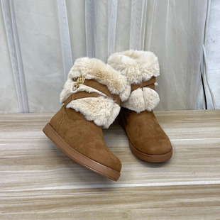 外贸原单女靴新款加厚保暖时尚圆头纯色平底带毛皮带扣短靴雪地靴
