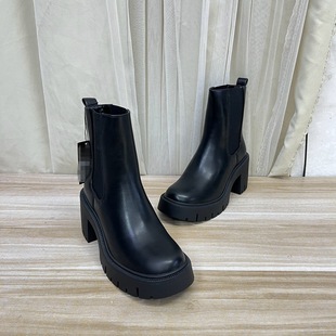 Lady 圆头纯色粗高跟防水台套筒短靴烟筒靴 Shoes外贸原单女靴时尚