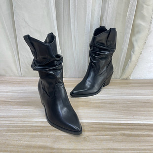 舒适百搭女靴 新款 Lady Shoes外贸原单尖头粗跟堆堆短靴简约时尚