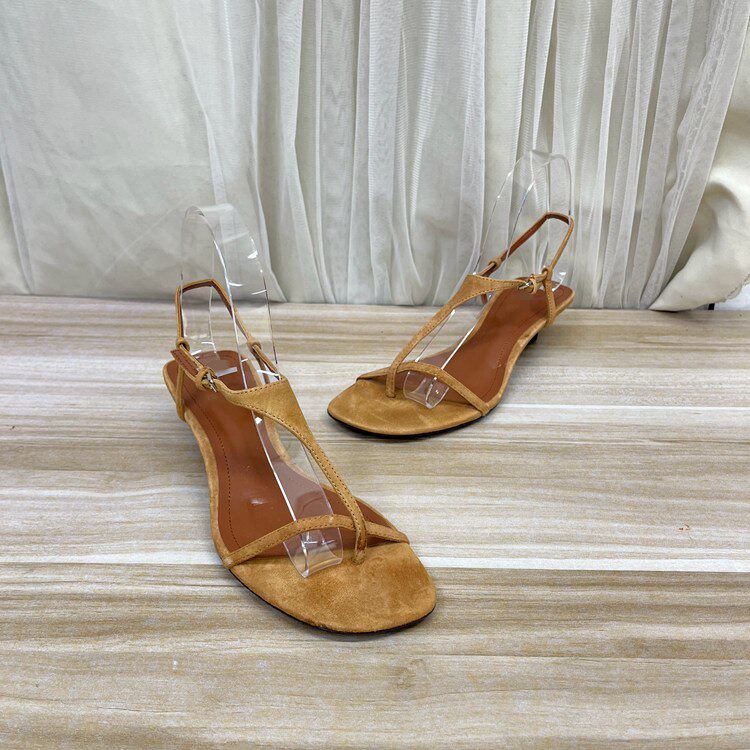 Lady Shoes外贸原单女鞋真皮微瑕圆头纯色夹趾细跟一字扣时装凉鞋