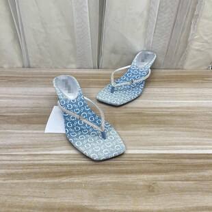 外贸原单女鞋时尚方头纯色夹趾小三角标带钻细高跟人字拖鞋凉鞋