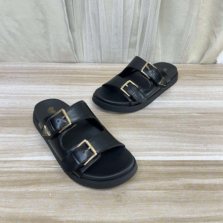 Lady Shoes外贸原单女鞋新款时尚圆头皮带扣三角标平底博肯拖鞋