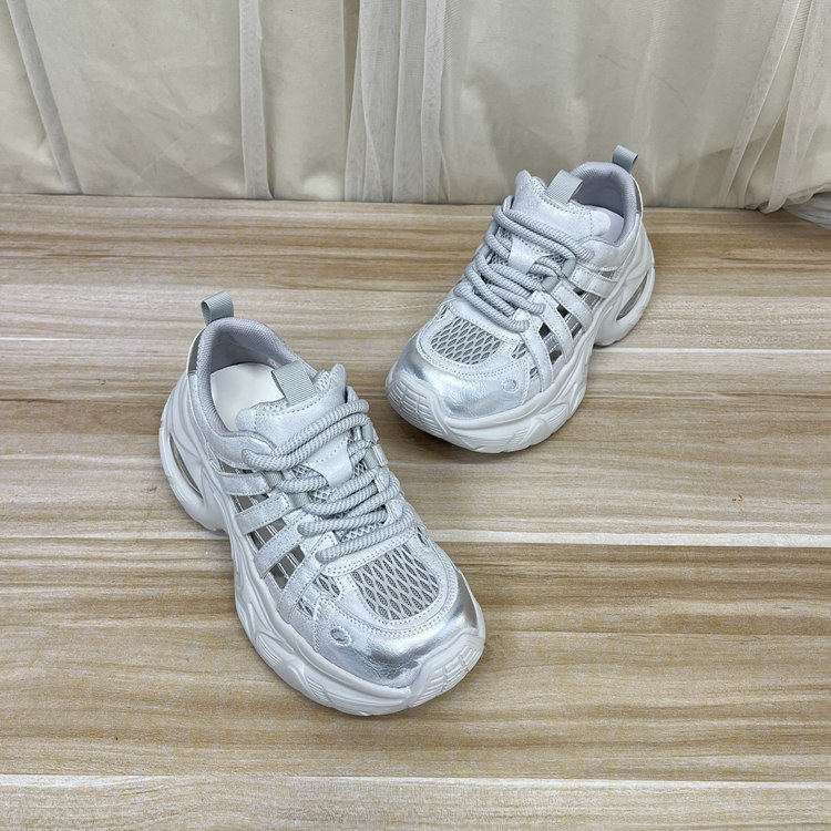 圆头厚底镂空老爹鞋真皮网布简约时尚新款浅口单鞋系带休闲运动鞋