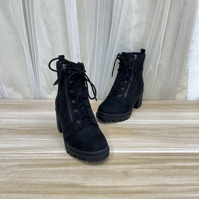 圆头系带侧拉链粗高跟防水台短靴