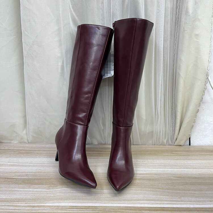 外贸原单女靴气质时尚新款尖头纯色细高跟侧拉链时装长筒靴骑士靴