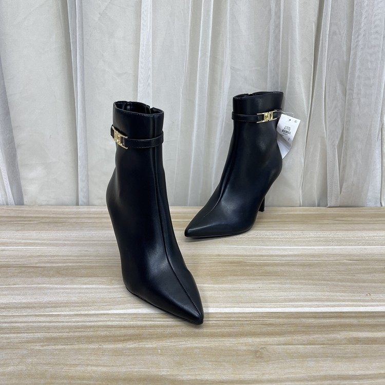 外贸原单尖头细跟短靴女鞋侧面拉链带搭扣时尚百搭中高跟款式版型