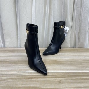 外贸原单尖头细跟短靴女鞋侧面拉链带搭扣时尚百搭中高跟款式版型