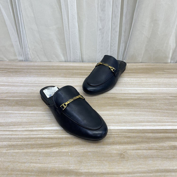 外贸原单女鞋新款时尚shoes圆头纯色金属平底包头百搭半拖单鞋