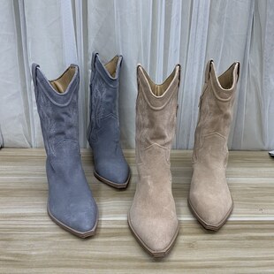 外贸原单新款爆款真皮秋季尖头粗跟V口一脚蹬中筒靴百搭靴