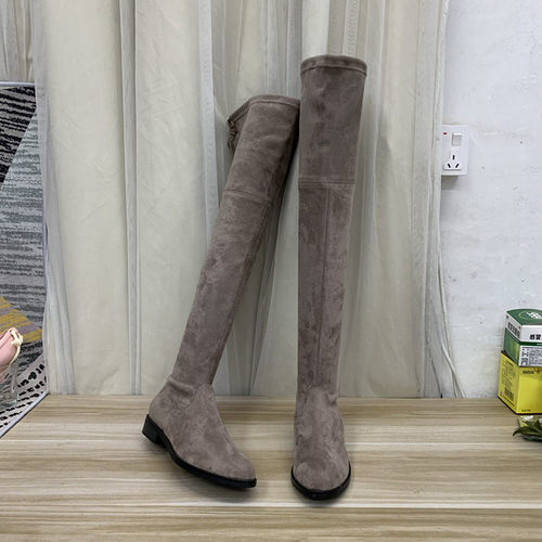 圆头低跟长筒靴侧拉链抽绳过膝靴