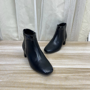 靴子 方头侧拉链舒适百搭外穿女款 外贸原单粗跟短靴简约时尚 新款