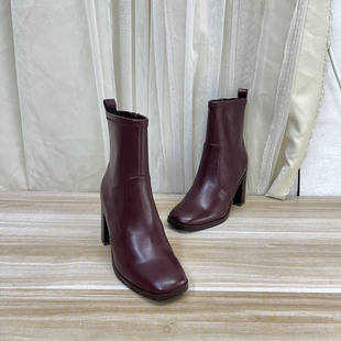 方头纯色粗高跟侧拉链时装 外贸原单女靴微瑕时尚 短靴 Shoes Lady