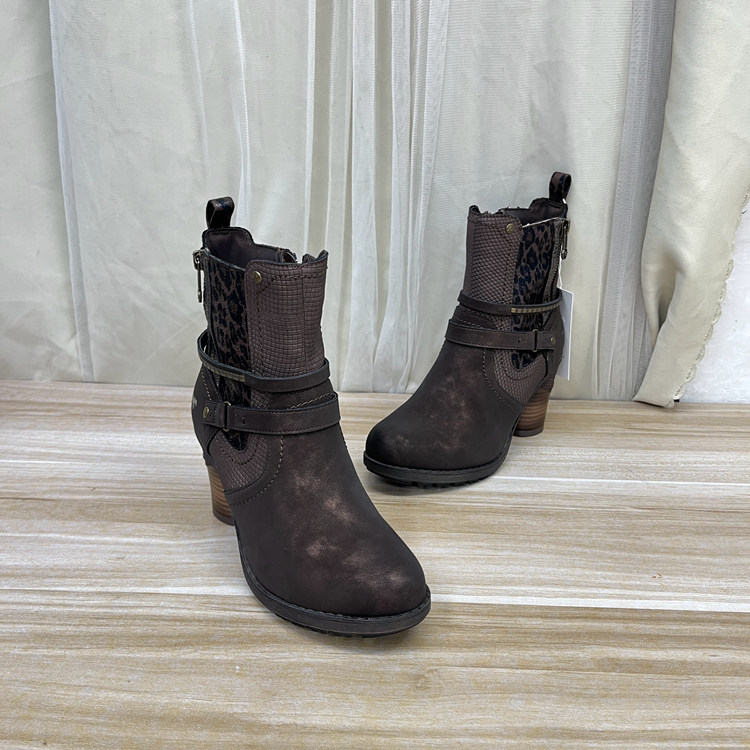 外贸原单粗跟短靴内里加绒简约时尚新款气质百搭侧拉链圆头舒适