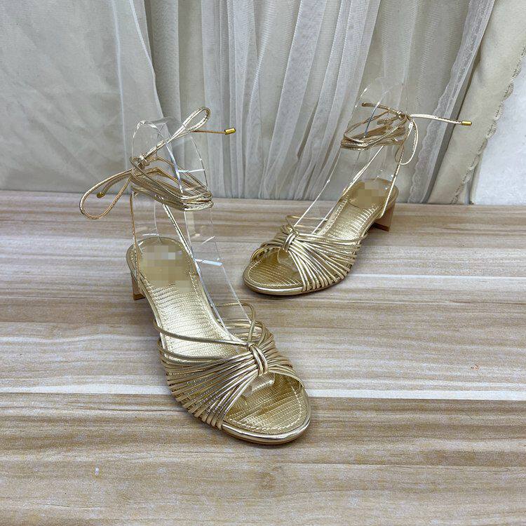 Lady Shoes外贸原单女鞋时尚圆头扁跟系带新款纯色脚腕绑带凉鞋