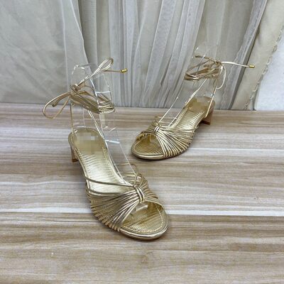 圆头扁跟系带纯色脚腕绑带凉鞋