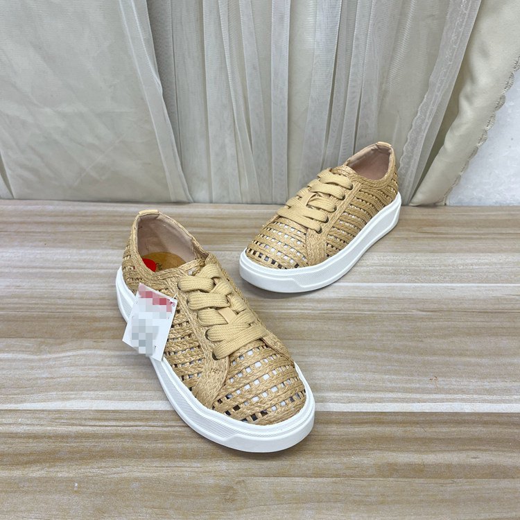 Lady Shoes外贸原单女鞋圆头纯色镂空编织面厚底系带单鞋休闲板鞋