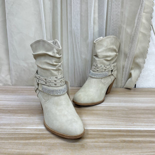Lady Shoes 外贸原单女靴尖头纯色粗跟带钻侧拉链时装短靴堆堆靴